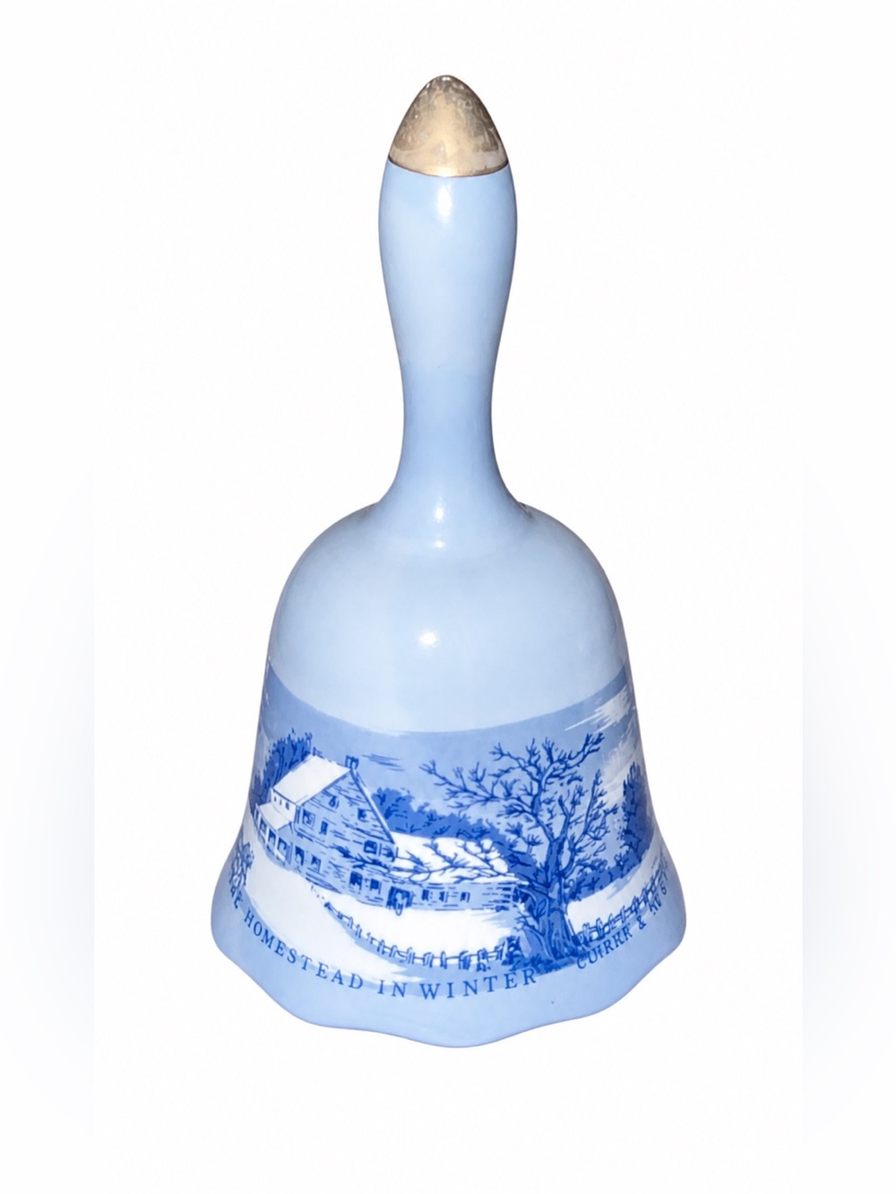 Vintage Blue and White Porcelain Winter Scene Bell Set of 2 Currier & Ives Style